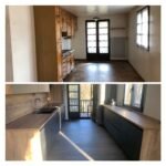 Comparaison avant et après de la rénovation d'une cuisine par Centrale Renov – Mont Blanc, montrant une transformation complète avec des matériaux modernes et un design élégant.